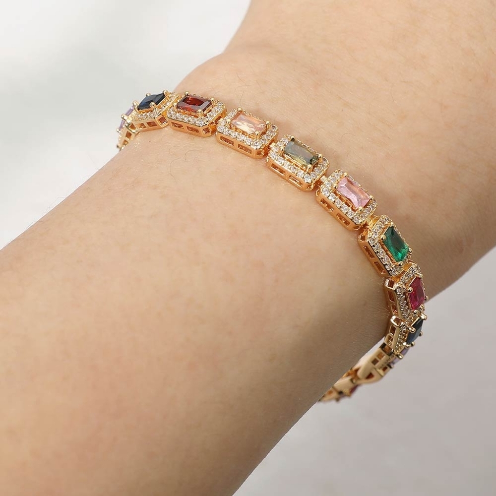 Multi Colored Emerald Cut CZ Link Tennis Bracelet